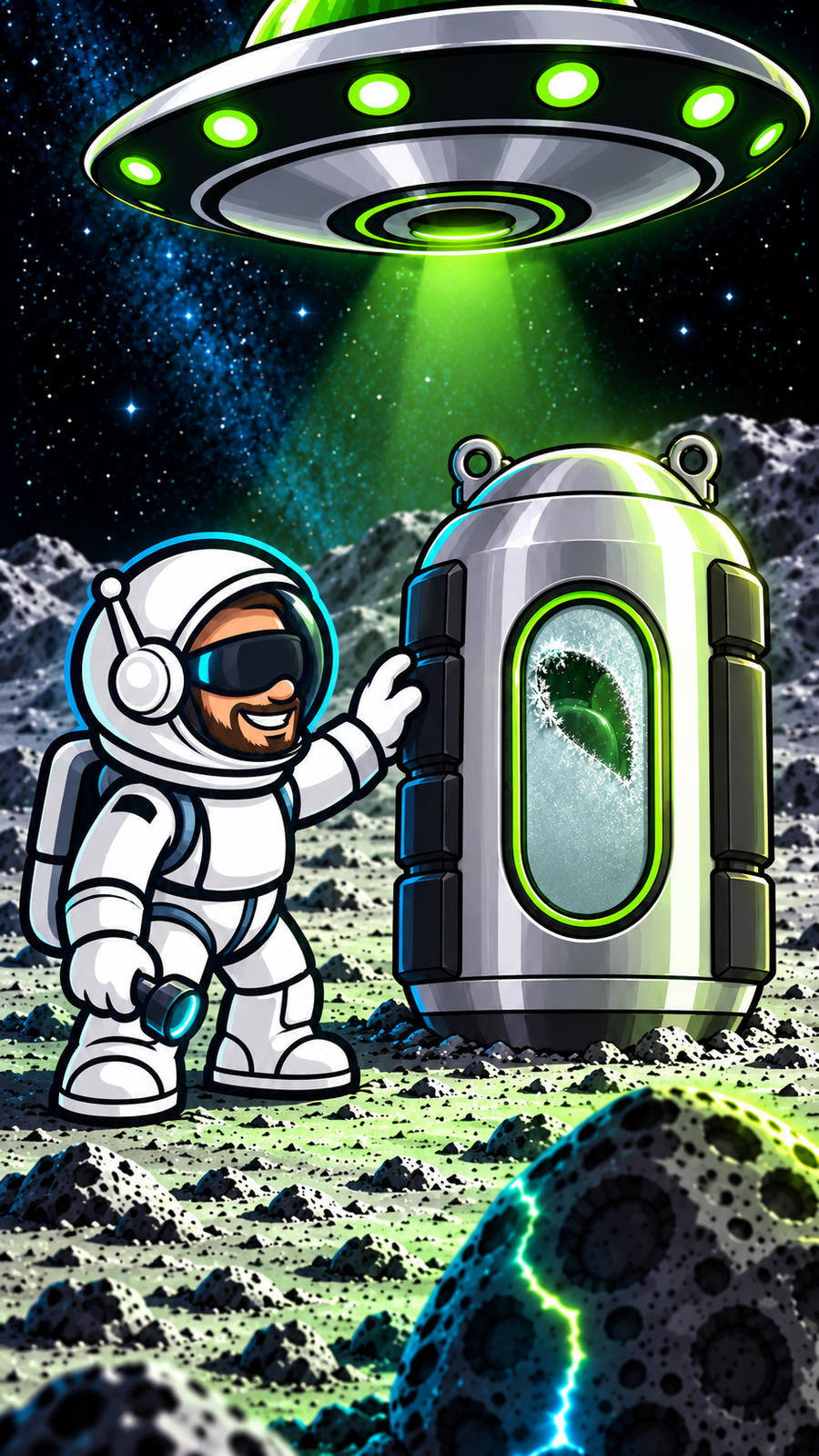 Franky investigating a mysterious capsule in the illustrated Lifted universe